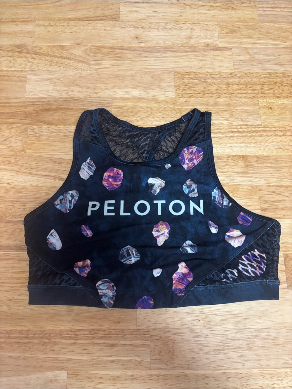 Peloton Navy High Chest Sports Bra with Purple and Pink Gem Print - S